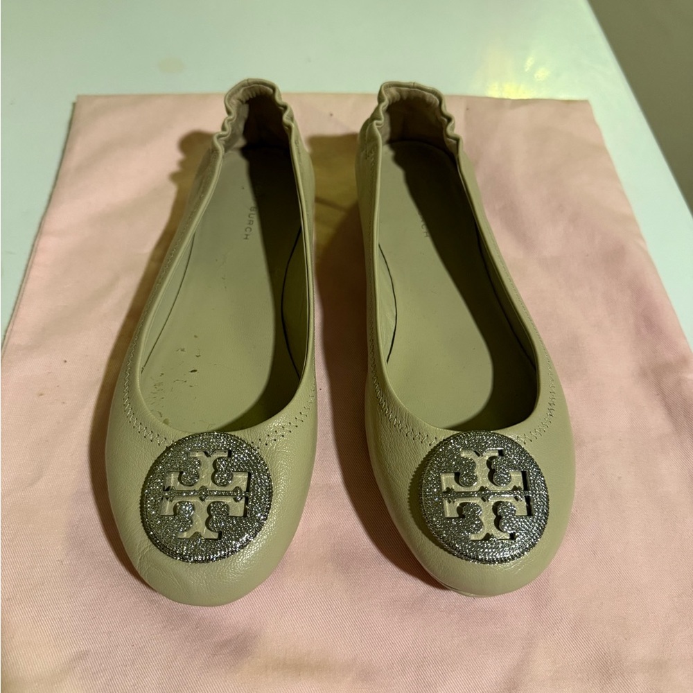 Tory Burch Cream Flats with Medallion Detail
